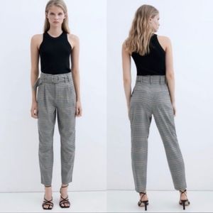Zara TRF Black & White High Waisted Plaid Pants w/Belt